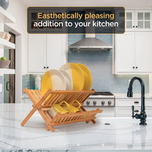 Load image into Gallery viewer, Dish Drying Rack - Collapsible 2-Tier Bamboo Dish Rack for Kitchen Counter, Wooden Dish Drainer with Foldable Space-Saving Design - Drying Rack for Dishes, Plates, and Cups