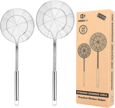 Pack of 2 Large Spider Strainer, Stainless Steel Skimmer Basket,Kitchen Ladle Strainers,Mesh Spoons with Long Handle, Cooking Tools for Frying, Boiling Noodles, Dumplings, Pasta
