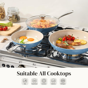 Redchef Nonstick Cookware Sets, Frying Pan Set with Tempered Glass Lids, Ceramic Cookware Set, Stay-Cool Handles, Dishwasher & Oven Safe, Compatible with All Cooktops, Beige (8+9.5+11 Inch)
