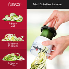 Load image into Gallery viewer, All-in-1 Vegetable Chopper and Mandoline Slicer for Kitchen - Cheese Grater, French Fry Cutter, Cheese Slicer - Bonus Handheld Spiralizer Included (6 in 1, Black/White)