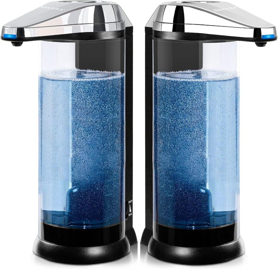Secura 2 Pcs 17oz Touchless Battery Operated Automatic Liquid Soap Dispenser Set w/Adjustable Soap Dispensing Volume Control Dial, Suitable for Bathroom Countertop or Kitchen Sink (Chrome)