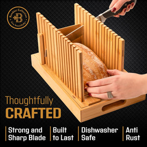 Bamboo Bread Slicer with Crumb Tray & Knife – 3 Slice Thickness Options, Foldable Storage, 10” Ultra Sharp Stainless Steel Bread Knife with Ergonomic Handle – Sourdough & Cake Cutter Set