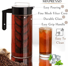 Load image into Gallery viewer, Mixpresso Cold Brew Maker For Iced Coffee and Iced Tea, Cold Coffee Maker Glass Pitcher, Tea Infuser For Loose Leaf Tea, 44oz Large Ice Tea Brewer with Easy to Clean Reusable Mesh Filter.