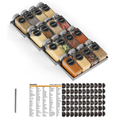 SpaceAid Spice Drawer Organizer with 28 Spice Jars, 386 Spice Labels, 4 Tier Seasoning Rack Tray Insert for Kitchen Drawers, 13