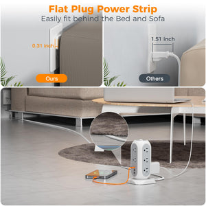 Tower Power Strip Flat Plug with 11 Outlets 3 USB (1 USB C), TESSAN Surge Protector Tower 1625W/13A,1050J Protection, 6 Feet Extension Cord with Multiple Outlets, Office Desk Supplies, Dorm Essentials