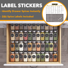 Load image into Gallery viewer, SpaceAid Spice Drawer Organizer with 28 Spice Jars, 386 Spice Labels, 4 Tier Seasoning Rack Tray Insert for Kitchen Drawers, 13&quot; Wide x 17.5&quot; Deep