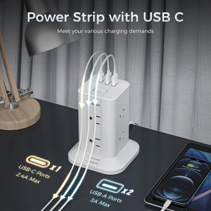 Tower Power Strip with 6 Feet Extension Cord, 8 Outlets 3 USB Chargers, 1700 Joules Surge Protection, Extension Cord with Multiple Outlets, 1875W, Office Supplies, Dorm Essentials, Charging Station