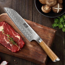 Load image into Gallery viewer, Damascus Santoku Knife 7 Inch, Professional Japanese Damascus Super Steel Kitchen Knife, Sharp Cooking Knife with Durable Ergonomic Olive Wood Handle