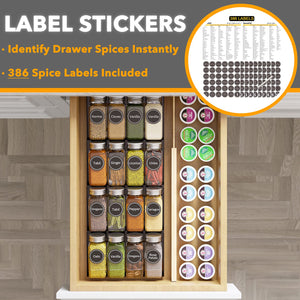 SpaceAid Spice Drawer Organizer with 28 Spice Jars, 386 Spice Labels, 4 Tier Seasoning Rack Tray Insert for Kitchen Drawers, 13" Wide x 17.5" Deep