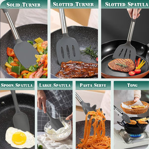 Umite Chef Silicone Kitchen Cooking Utensil Set, 43 pcs Spatula Set with Stainless Steel Handle, Non-stick Heat Resistant - Best Cookware Set-(Khaki)