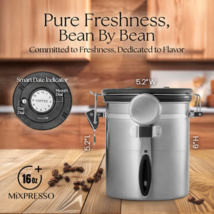 Mixpresso Green Coffee Canister, 16oz Airtight Stainless Steel Kitchen Food Storage Container with Clear Lid and Spoon. for Grounds Coffee, Beans, Tea, Flour, Cereal, Vacuum Sealed Sugar Container