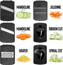 Load image into Gallery viewer, Mandoline Slicer for Kitchen, Fruit Cutter, Cheese Grater, Cucumber Slicer, Veggie Spiralizer, Food Cutter &amp; Kitchen Gadgets with Safety Glove (6 in 1, White)