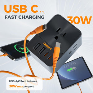 USB C Charger Block 20W PD, TESSAN 4 USB Wall Charger Fast Charging with 3 Outlet Extender Surge Protector, 3 Side Multi Port Adapter, Electric Multiple Outlet Plug for Home Office Dorm Room