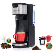 Load image into Gallery viewer, Mixpresso Single Serve Coffee Brewer K-Cup Pods Compatible &amp; Ground Coffee, 30 oz Compact Coffee Maker Single Serve With 5 Brew Sizes Up To 14 Oz, Fits Travel Mug, Adjustable Drip Tray, Black
