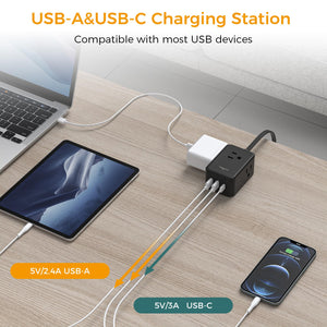 Small Flat Plug Power Strip, TESSAN Ultra Thin Extension Cord with 3 USB Wall Charger (1 USB C), 3 Outlets Mini Charging Station, 5 ft Slim Plug for Cruise Travel Office School Dorm Room Essentials