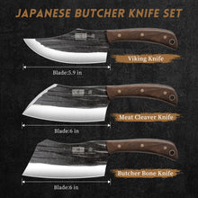 Load image into Gallery viewer, Butcher Knife Set, Hand Forged Butcher Chef Knife Set with Roll Bag, Sharp Meat Cleaver Knife &amp; Bone Chopper Knives &amp; Fillet Knives for Home &amp; Camping &amp; BBQ Gift for Men