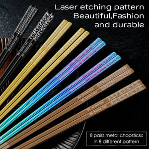 8 Pairs Metal Chopsticks Reusable 18/8 Stainless Steel Chopsticks Set Cute Laser Engraved Non-slip Japanese Korean Chinese Chopstick for Cooking Eating Dishwasher Safe 9.25" Chop Sticks Gift Set