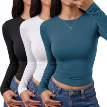 Load image into Gallery viewer, TNNZEET 3 Pack Womens Long Sleeve Shirts Crewneck Basic Fitted Tees Y2K Top | Tight Workout Tops, Slim Fit Plain Tees, Underscrub Casual Shirts women, Going Out Fall Fashion Clothes, Soft Gym Clothing