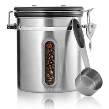 Load image into Gallery viewer, Mixpresso Green Coffee Canister, 16oz Airtight Stainless Steel Kitchen Food Storage Container with Clear Lid and Spoon. for Grounds Coffee, Beans, Tea, Flour, Cereal, Vacuum Sealed Sugar Container