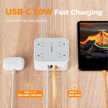 Load image into Gallery viewer, Surge Protector Flat Extension Cord Flat Plug Power Strip, 8 AC Outlets, 3 USB Charger(1 USB C Port) 3-Sided Outlet Extender, 5 Ft, 900 Joules Protection, Office Supplies, Dorm Room Essentials, Grey