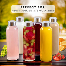 Load image into Gallery viewer, Brieftons Glass Water Bottles With Caps: Clear, 6 Pack, 18 Oz, Leakproof Lids, Premium Soda Lime, Best As Reusable Drinking Bottle, Sauce Jar, Juice Beverage Container, Kefir Kit, With Cleaning Brush
