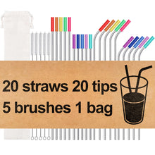 Load image into Gallery viewer, 20 Pack Reusable Stainless Steel Metal Straws,10.5&quot; &amp; 8.5&quot; Reusable Drinking Straws with 20 Silicone Tips 5 Straw Brushes 1 Travel Case,Eco Friendly Extra Long Metal Straw Fit for 20 24 30 oz Tumbler