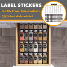 Load image into Gallery viewer, SpaceAid Spice Drawer Organizer with 28 Spice Jars, 386 Spice Labels, 4 Tier Seasoning Rack Tray Insert for Kitchen Drawers, 13&quot; Wide x 17.5&quot; Deep