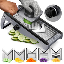 Load image into Gallery viewer, Mandoline Slicer for Kitchen – Stainless Steel Vegetable Cutter &amp; Cheese Grater with Adjustable Blades, Safety Glove &amp; Catch Tray Included (7-in-1, Silver)