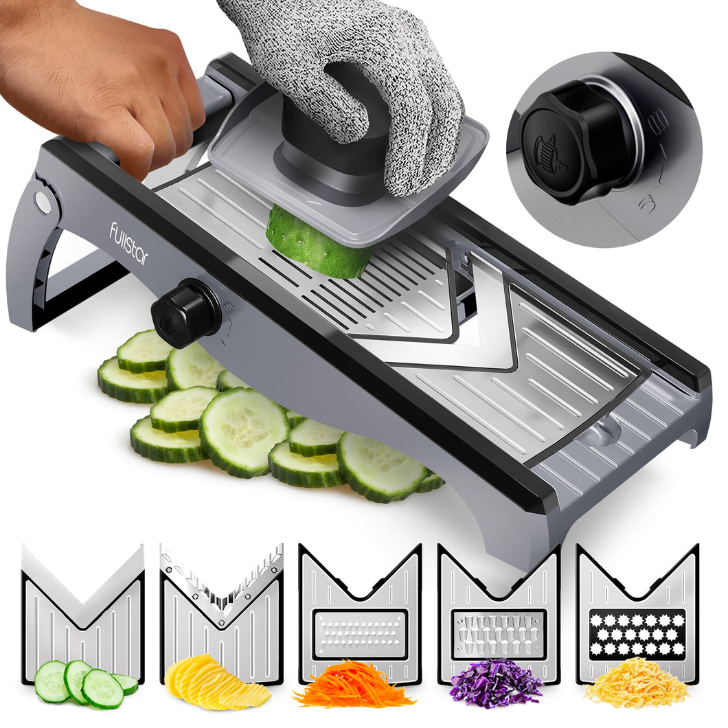 Mandoline Slicer for Kitchen – Stainless Steel Vegetable Cutter & Cheese Grater with Adjustable Blades, Safety Glove & Catch Tray Included (7-in-1, Silver)
