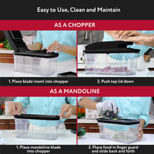 Load image into Gallery viewer, All-in-1 Vegetable Chopper and Mandoline Slicer for Kitchen - Cheese Grater, French Fry Cutter, Cheese Slicer - Bonus Handheld Spiralizer Included (6 in 1, Black/White)