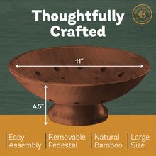 Load image into Gallery viewer, Bambüsi Fruit Bowl - 11&quot; Large Brown Wooden Pedestal Bowl for Kitchen Counter &amp; Dining Table Centerpiece, Premium Bamboo Wood Fruit Basket &amp; Banana Holder for Fresh Produce, Bread &amp; Home Decor