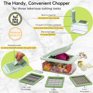 Brieftons QuickPush Food Chopper: Vegetable Dicer Slicer, Onion Cutter, 3 Extra-Large Blades with 200% More Cutting Area to Chop Dice Slice Vegetables, 2.6-Quart Container