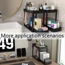 Load image into Gallery viewer, 2PC Under Sink Organizer Rack 2 Tier Under Sliding Cabinet Basket Organizer Drawer with 4 Hooks, Multi-purpose Under Sink Storage for Bathroom Kitchen Desktop（Black）