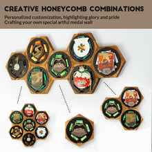 Load image into Gallery viewer, JupDec Medal Hanger Display Honeycomb Holder for Wall, Artistic Showcase Wooden Frame Medal Case with Strong Magnetic Wall-mounted Hexagon Combination Stand, for Sports Marathon Championships, Brown