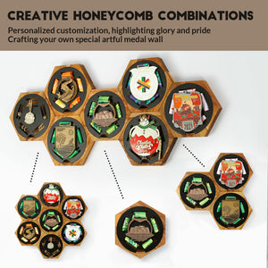 JupDec Medal Hanger Display Honeycomb Holder for Wall, Artistic Showcase Wooden Frame Medal Case with Strong Magnetic Wall-mounted Hexagon Combination Stand, for Sports Marathon Championships, Brown