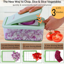 Load image into Gallery viewer, Brieftons QuickPush Food Chopper: Vegetable Dicer Slicer, Onion Cutter, 3 Extra-Large Blades with 200% More Cutting Area to Chop Dice Slice Vegetables, 2.6-Quart Container