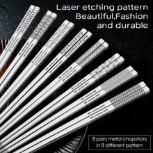 Load image into Gallery viewer, 8 Pairs Metal Chopsticks Reusable 18/8 Stainless Steel Chopsticks Set Cute Laser Engraved Non-slip Japanese Korean Chinese Chopstick for Cooking Eating Dishwasher Safe 9.25&quot; Chop Sticks Gift Set