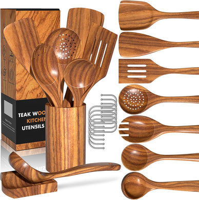Natural Teak Kitchen Cooking Utensil Set with Holder, Wooden Spoons for Cooking, 10PCS Cooking Spatulas Set with Spoon Rest, Wooden Utensil Set for Nonstick Cookware Sturdy & Lightweight