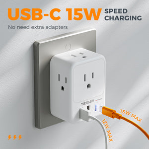 Surge Protector Wall Outlet Extender, TESSAN Multi Plug Outlet Splitter with 3 USB Charging Blocks(1 USB C), Multi Plug Wall Charger for Home, Office, School, College Dorm Essentials