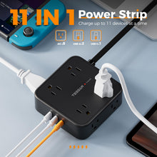 Load image into Gallery viewer, Surge Protector Flat Extension Cord Flat Plug Power Strip, 8 AC Outlets, 3 USB Charger(1 USB C Port) 3-Sided Outlet Extender, 5 Ft, 900 Joules Protection, Office Supplies, Dorm Room Essentials, Grey