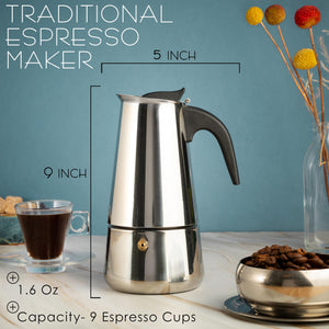 Mixpresso 9 Cup Greca Stovetop Espresso Maker 450ml/15oz, Moka Pot with Coffee Percolator Design, Stainless Steel Stove Top Coffee Maker for Camping or Home Use, Italian Coffee Maker Stovetop