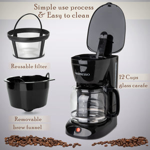 Mixpresso 8-Cup Drip Coffee Maker Programmable, Coffee Pot Machine Including Reusable & Removable Coffee Filter, Black Electric Coffee Maker