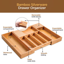 Load image into Gallery viewer, Bambüsi In-Drawer Knife Block - Bamboo Knife Drawer Organizer for Kitchen - Fits 5 Long + 6 Short Knives - Store Knives with Blades Pointing Down - Wooden Steak knife Holder without Knives