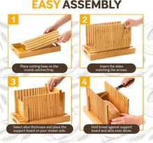 Load image into Gallery viewer, Bread Slicer and Cutting Board Set - Bamboo Bread Slicer with Crumb Tray &amp; Adjustable Width + 4-Piece Bamboo Cutting Board Set for Kitchen