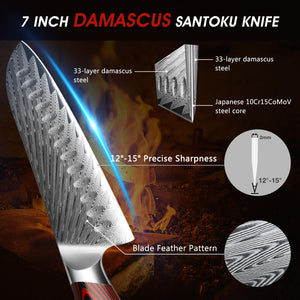 Damascus Santoku Knife, 7 Inch Professiona Kitchen Knife, Damascus Super Steel Ultra-Sharp Santoku Chef Knife with Ergonomic G10 Handle