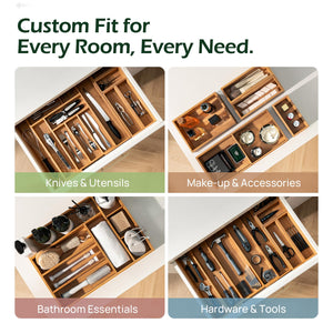 Carbonized Bamboo Kitchen Drawer Organizer, 8-10 Slots Expandable Silverware Organizer, Utensil Holder & Cutlery Tray, 2.2" Deep for Extra Capacity, Non-Slip Feet Included.