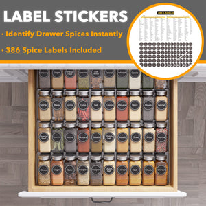 SpaceAid Spice Drawer Organizer with 28 Spice Jars, 386 Spice Labels, 4 Tier Seasoning Rack Tray Insert for Kitchen Drawers, 13" Wide x 17.5" Deep