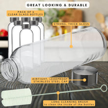 Load image into Gallery viewer, Brieftons Glass Water Bottles With Caps: Clear, 6 Pack, 18 Oz, Leakproof Lids, Premium Soda Lime, Best As Reusable Drinking Bottle, Sauce Jar, Juice Beverage Container, Kefir Kit, With Cleaning Brush