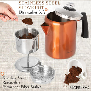 Mixpresso Stainless Steel Stovetop Coffee Percolator, 52 oz Classic Percolator Coffee Pot, Excellent As Camping Pot, 12 Cup Stainless Steel Camping Coffee Makers, Cool-Touch Handle.