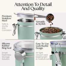 Load image into Gallery viewer, Mixpresso Green Coffee Canister, 16oz Airtight Stainless Steel Kitchen Food Storage Container with Clear Lid and Spoon. for Grounds Coffee, Beans, Tea, Flour, Cereal, Vacuum Sealed Sugar Container